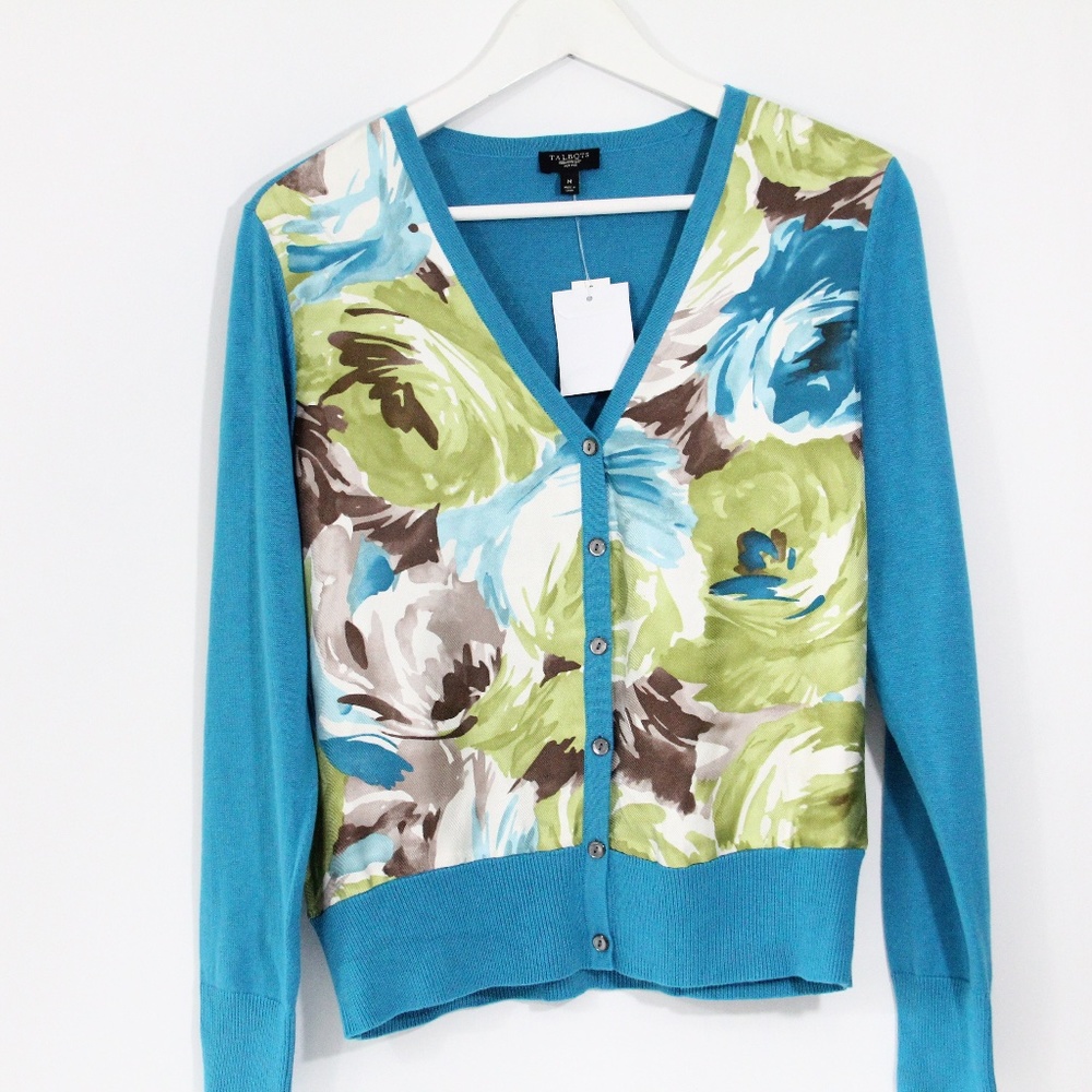 Talbots Silk Cardigan Sweater Mp NEW Women Floral Top Long Sleeve medium petite
